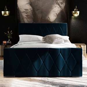 Łóżko tapicerowane Sparks 160x200 granatowe z pojemnikiem w nowoczesnym stylu z charakterystycznym wezgłowiem oraz z zanóżkiem