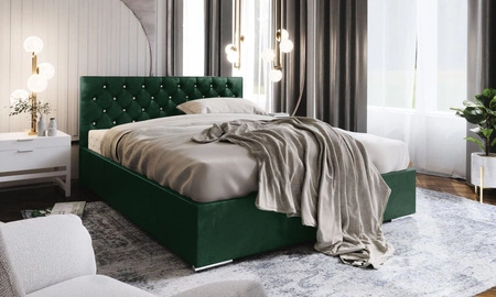 Łóżko tapicerowane Bauru 160x200 butelkowa zieleń z pojemnikiem w nowoczesnym skandynawskim stylu z pikowanym zagłówkiem z kryształkami