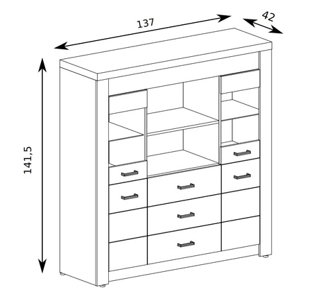 Komoda z szufladami Indiana 137 cm kraft biały gustowna stylistyka komody z przeszkleniem ozdobna deska na froncie komody oświetlona LED