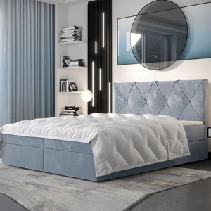 Łóżko kontynentalne Arvada 140x200 błękitne w nowoczesnym skandynawskim stylu z tapicerowanym zagłówkiem