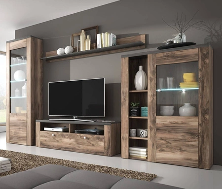 Meblościanka Larona orzech satin / touchwood prosta forma mebli w nowoczesnym wydaniu elementy z szkła hartowanego
