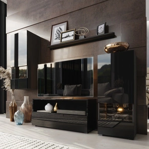 Meblościanka Olimpia czarna / czarny połysk uniwersalna i stylowa meblościanka do salonu proste bryły wpisujące się w każde wnętrze