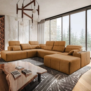 Narożnik z funkcją spania Tesalia X miodowy prawostronny nowoczesny i komfortowy narożnik z innowacyjną funkcją przesuwanego oparcia