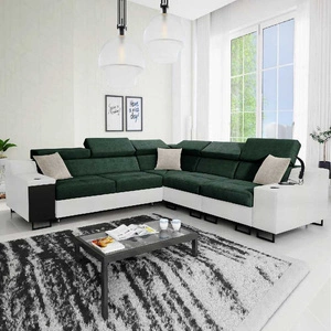 Narożnik z funkcją spania Alcamo III zielony / biały prawostronny funkcjonalny narożnik z szufladą w boczku dwa pojemniki na pościel