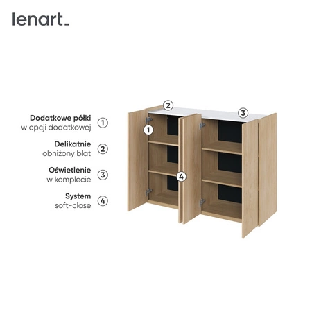 Komoda Easy 126 cm dąb scandi / biały połysk elegancka komoda z delikatnie obniżonym blatem doskonała do nowoczesnych wnętrz