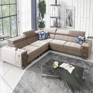 Narożnik z funkcją spania Hampton III beżowy lewostronny komfortowy narożnik wykonany z gładkiej i miękkiej tkaniny typu velvet