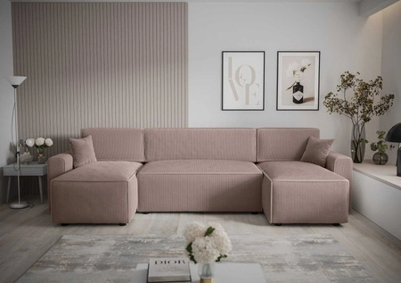 Narożnik z funkcją spania Brandon U Bis jasny brąz pojemnik na pościel trójwymiarowa tkanina o wyrazistych prążkach miękkie podłokietniki