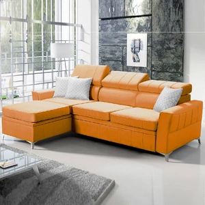 Narożnik z funkcją spania Rava żółty lewostronny velvet komfortowy i funkcjonalny narożnik z regulowanymi zagłówkami