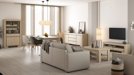 Szafka RTV Cuba 160 cm dąb samdal gustowna stylistyka szafki wzbogacona o stylowe czarne dodatki idealna do salonu frezowane uchwyty