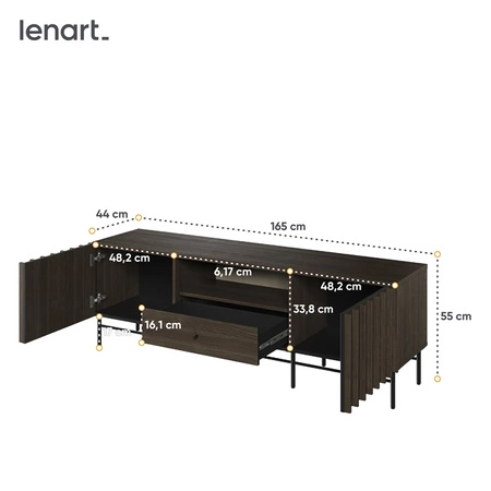 Zestaw mebli Piemonte jesion portland / czarny elegancka meblościanka do salonu gustowne lamele na frontach mebli metalowa podstawa