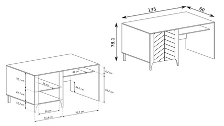 Biurko Malumi 135 cm beżowe doskonałe biurko do domowego biura dekoracyjny wzór jodełki na froncie mebla system push to open