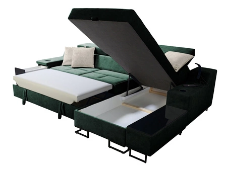 Narożnik z funkcją spania Alcamo grafitowy / biały prawostronny elegancki narożnik z dostawką praktyczna szuflada w boczku mebla