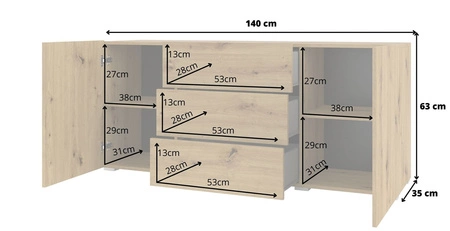 Komoda z szufladami Ava 140 cm dąb artisan z możliwością powieszenia idealna komoda do każdego wnętrza