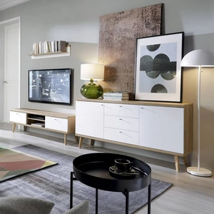 Meblościanka Primo dąb riviera / biała nowoczesny design obrzeża wykończone specjalną okleiną system cichego domykania