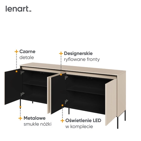 Komoda Trend 193 cm beżowa wyjątkowy design pojemna komoda do salonu z oświetleniem LED charakterystyczne ryflowane fronty