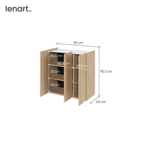 Komoda Easy 95 cm dąb scandi / biały połysk praktyczna i pojemna komoda z designerskim obniżonym blatem wykonana z dbałością o detale