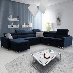 Narożnik z funkcją spania Rava VII granatowy lewostronny praktyczny i nowoczesny narożnik do salonu z regulowanymi zagłówkami