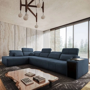 Narożnik z funkcją spania Tesalia XI niebieski lewostronny nowoczesny narożnik z komfortowym przesuwanym oparciem i pojemną szufladą