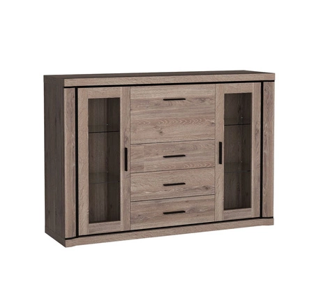 Komoda z szufladami Dallas 157 cm dąb truflowy / czarny elegancka stylistyka mebla wzbogacona o stylowe czarne dodatki przeszklone fronty