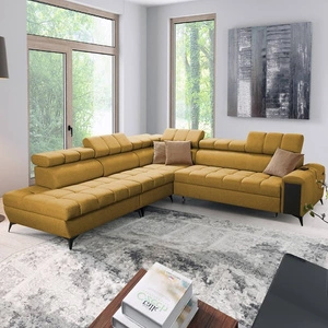 Narożnik z funkcją spania Bolmso IX musztardowy lewostronny komfortowy narożnik do salonu z szufladą pojemniki na pościel stylowy design