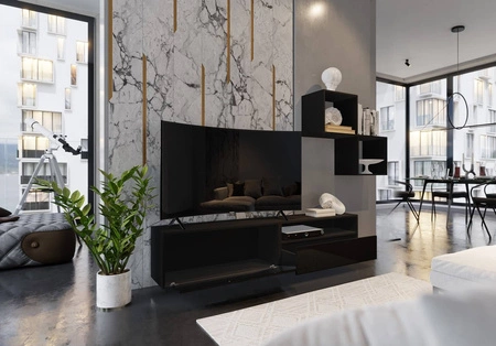 Meblościanka Mesini czarna / czarny połysk nowoczesna meblościanka do salonu praktyczny system otwierania szuflad push to open