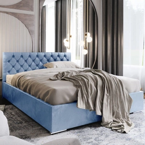 Łóżko tapicerowane Alvorada 180x200 błękitne z pojemnikiem w nowoczesnym skandynawskim stylu z pikowanym zagłówkiem