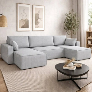 Narożnik z funkcją spania Rebenes U jasny szary uniwersalny narożnik trójwymiarowa tkanina o wyrazistych prążkach pojemnik na pościel