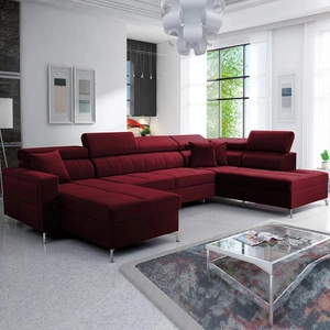 Narożnik z funkcją spania Nausa VI bordowy lewostronny stylowy narożnik do salonu o komfortowym wykończeniu miękka tkanina typu velvet