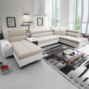 Narożnik z funkcją spania Dafni V jasny beż / biały lewostronny velvet wygodny i komfortowy narożnik z regulowanymi zagłówkami