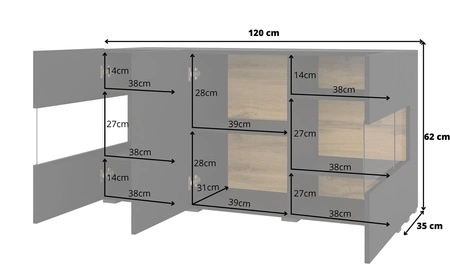 Komoda Ava 120 cm czarna / dąb wotan z możliwością powieszenia idealna komoda do każdego wnętrza designerska komoda z przeszkleniem