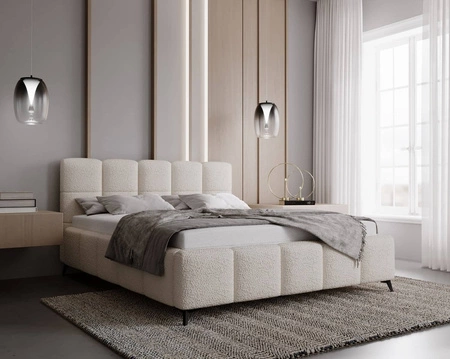 Łóżko tapicerowane Olne 160x200 kremowe stylowe łóżko z pojemnikiem na pościel wygodny zagłówek zachwyca eleganckim designem