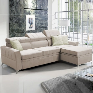 Narożnik z funkcją spania Rava jasny beż prawostronny velvet komfortowy i funkcjonalny narożnik z regulowanymi zagłówkami