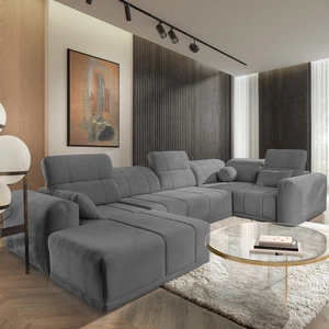 Narożnik z funkcją spania Cetara IV szary lewostronny stylowy design narożnika z przesuwanymi oparciami dwa pojemniki na pościel