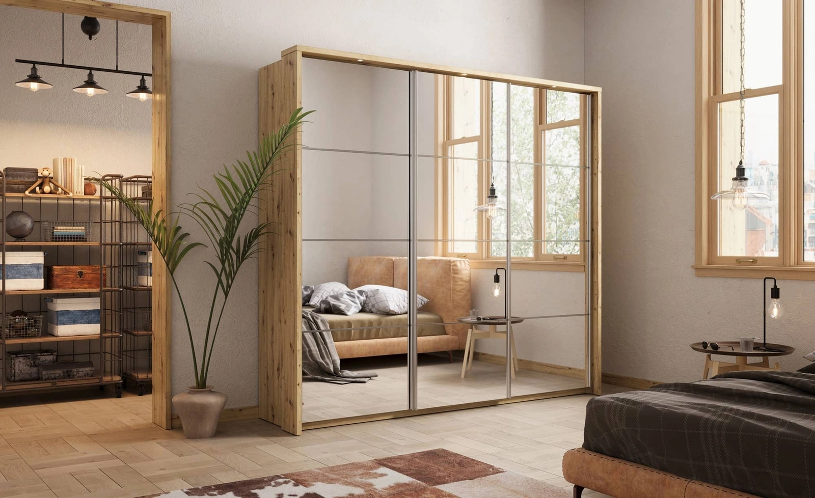 Szafa z lustrem do sypialni Arti w kolorze dąb shetland Szafa do garderoby Szafa przesuwna z lustrem