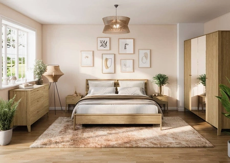 Szafa z lustrem Cozy 220 cm dąb olejowany pojemna szafa do sypialni lub przedpokoju lekka stylistyka podkreślona naturalną kolorystyką