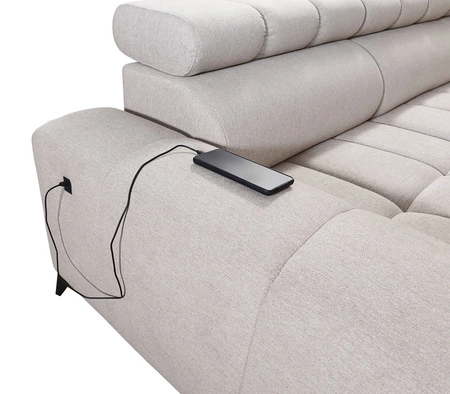 Narożnik z funkcją spania Bolmso III fioletowy lewostronny narożnik z pojemnikami na pościel szuflada z pełnym wysuwem w boczku mebla