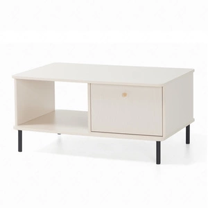 Stolik kawowy Ferdi beż piaskowy lekki design solidna metalowa podstawa zaoblony kształt blatu idealny stolik do każdej aranżacji