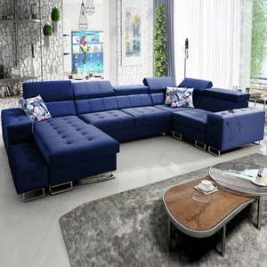 Narożnik z funkcją spania Hampton IV granatowy lewostronny funkcjonalny narożnik z dostawką która sprawdzi się jako podnóżek