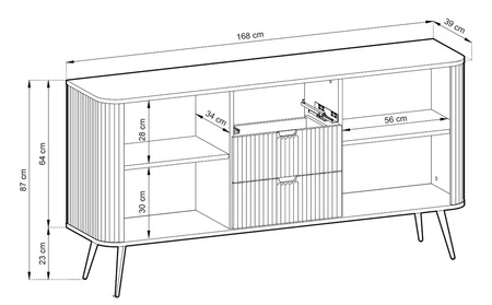 Komoda z szufladami Zoya 168 cm beżowa elegancki design owalny kształt bryły osadzony na złotych nogach gustowny ryflowany front
