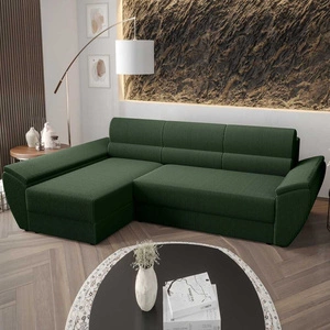 Narożnik z funkcją spania Fogu III zielony lewostronny stylowy narożnik z podłokietnikami pojemnik na pościel sztruksowa tkanina