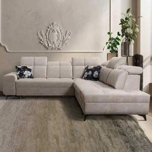 Narożnik z funkcją spania Buffalo IX beżowy prawostronny stylowy narożnik do pokoju wykonany z welurowej tkaniny ozdobne poduszki