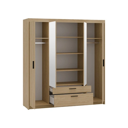 Szafa z lustrem Rene 176 cm dąb olejowany stylowy design czarne uchwyty idealna szafa do sypialni pojemne szuflady