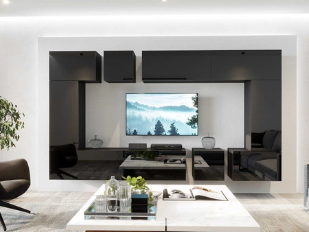 Meblościanka Larisa czarna / czarny połysk wyjątkowo stylowa meblościanka proste bryły wpisujące się w każde wnętrze