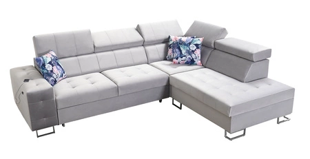 Narożnik z funkcją spania Hampton VII beżowy prawostronny narożnik do pokoju wykonany z aksamitnej tkaniny o gładkiej powierzchni