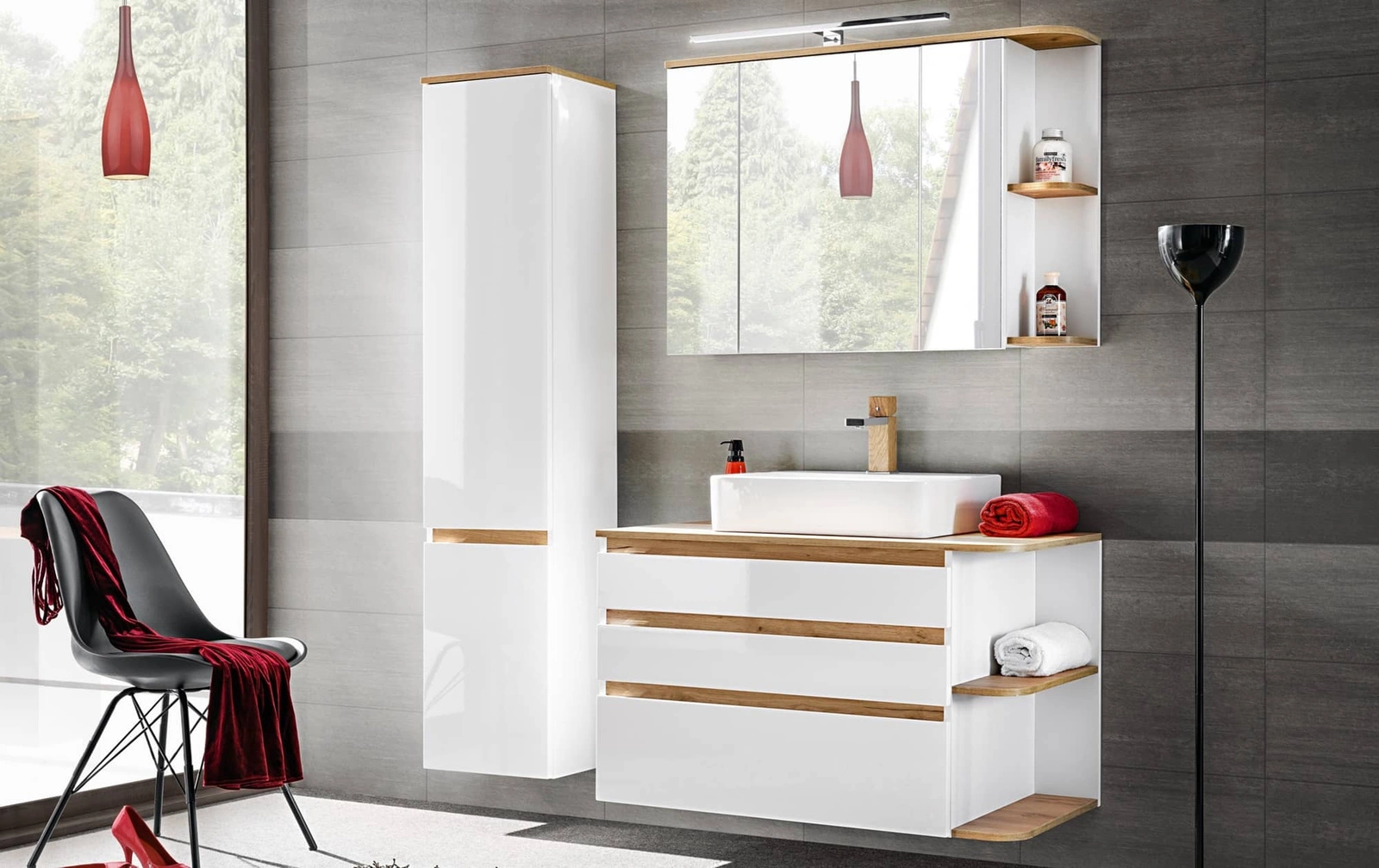 Zestaw mebli łazienkowych Platinum w kolorze biały / dąb craft złoty Szafki łazienkowe Platinum