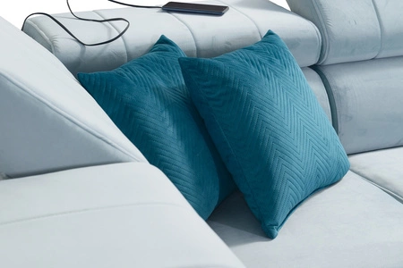 Narożnik z funkcją spania Rava V szary popiel lewostronny komfortowy narożnik z pojemnikami na pościel oraz wielofunkcyjną lampką