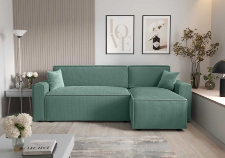 Narożnik z funkcją spania Brandon Bis patynowy prawostronny trójwymiarowa tkanina o wyrazistych prążkach pojemnik na pościel