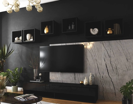 Meblościanka Lindos czarna / czarny połysk stylowy design meblościanki wpisujący się w każde wnętrze szafka RTV z możliwością powieszenia