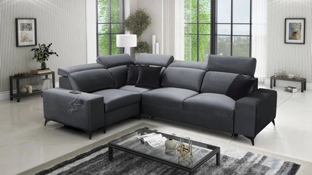 Narożnik z funkcją spania Kelly Sleek II grafitowy lewostronny elegancki narożnik do salonu wykonany z miękkiej tkaniny typu velvet