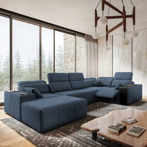 Narożnik z funkcją spania Tesalia IV Lux niebieski lewostronny stylowy narożnik z wysuwanym podnóżkiem oraz funkcją przesuwanego oparcia